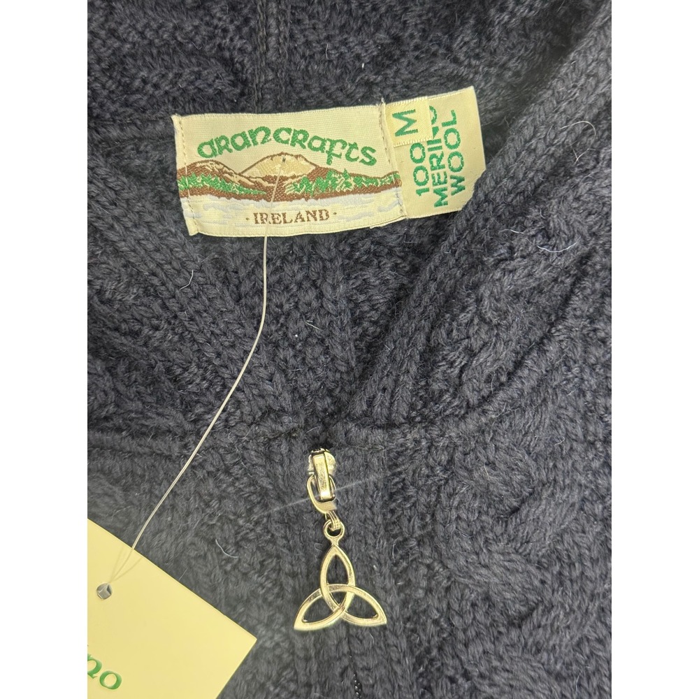 Aran Crafts Ireland Merino Wool Cable Knit Hooded Zip Cardigan Navy Blue Medium - Picture 2 of 7
